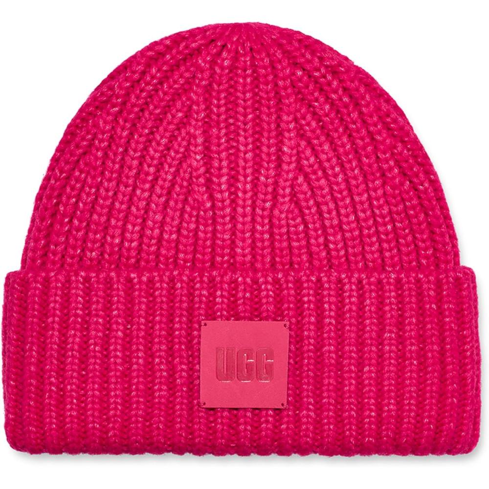 imageUGG Womens Chunky Rib Beanie LogoCerise