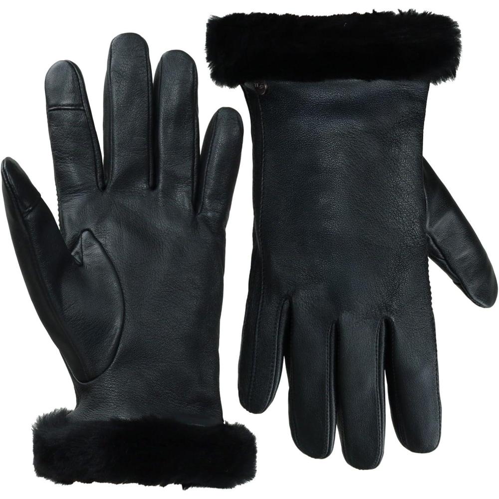 imageUGG Womens Sheepskin Cuff Gloves with Touchscreen Fingertips Genuine Leather Exterior Fur Trim and Logo DetailBlack