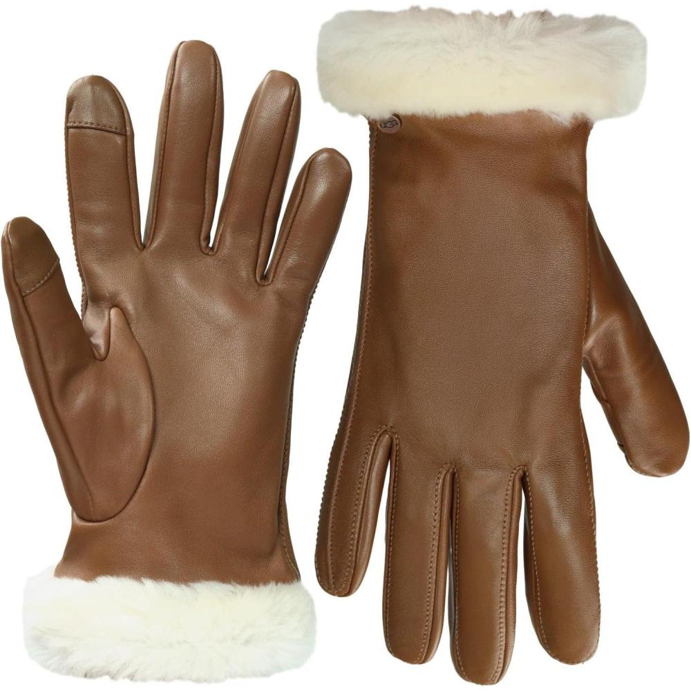 imageUGG Womens Sheepskin Cuff Gloves with Touchscreen Fingertips Genuine Leather Exterior Fur Trim and Logo DetailChestnut