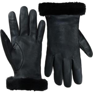 UGG Women’s Sheepskin Cuff Gloves with Touchscreen Fingertips, Genuine Leather Exterior, Fur Trim, and Logo Detail(Black)
